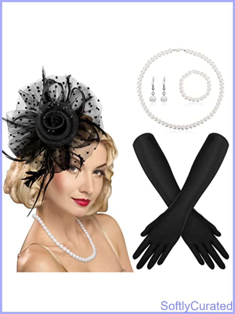 1920s Fascinator Hat Gloves Pearl Jewelry Set Tea Party Costume Accessories